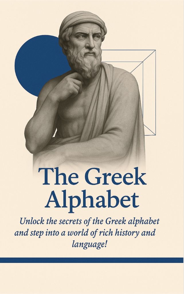 Cover of an educational ebook titled βThe Greek Alphabet,β featuring a classical Greek statue and geometric design elements