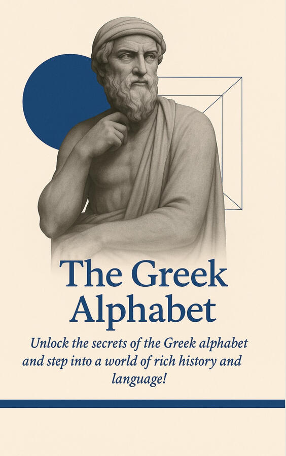 Cover of an educational ebook titled “The Greek Alphabet,” featuring a classical Greek statue and geometric design elements