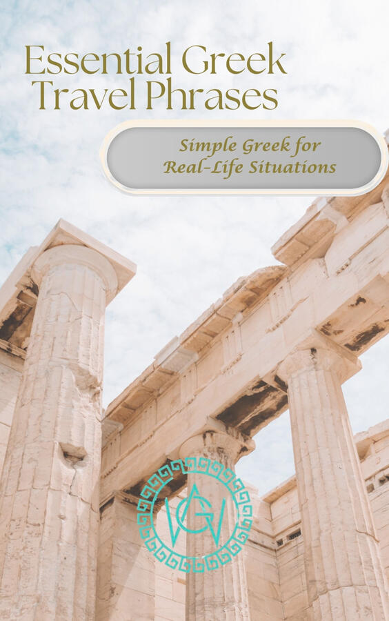 Cover of a free guide titled “Essential Greek Travel Phrases” with ancient Greek columns in the background