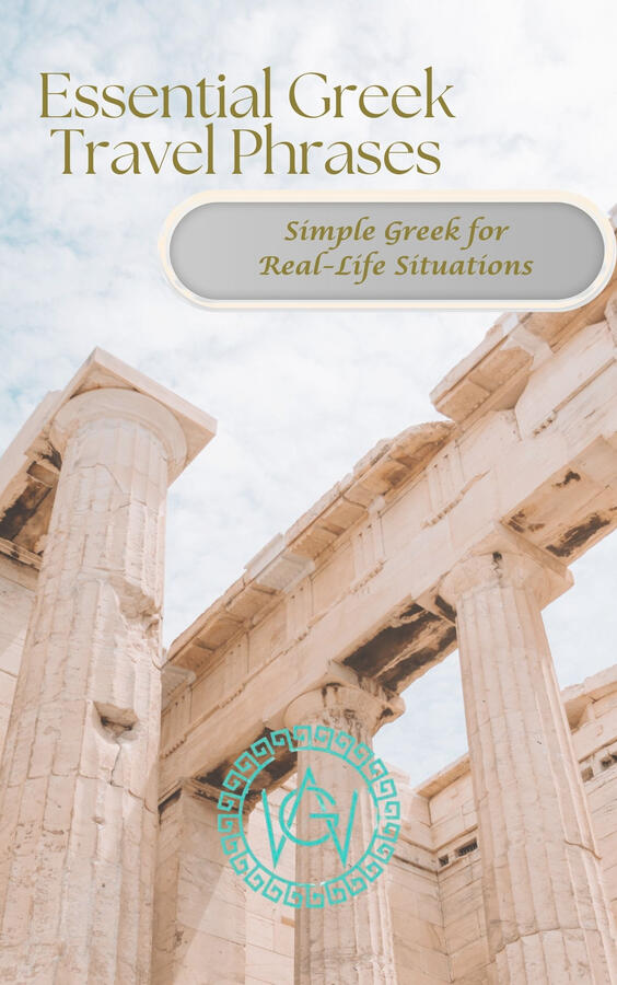 Cover of a free guide titled “Essential Greek Travel Phrases” with ancient Greek columns in the background