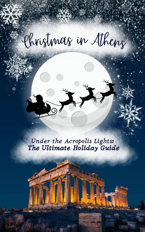 Christmas in Athens eBook cover featuring Santa’s sleigh over the Acropolis – holiday guide by Weekly Greek