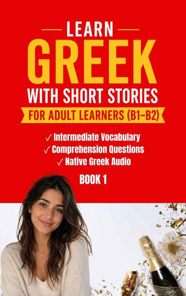 Learn Greek with Short Stories – Book 1 for intermediate learners. Book 1 of Learn Greek with Short Stories for Adult Learners (B1–B2), featuring a woman in a Greek party setting.