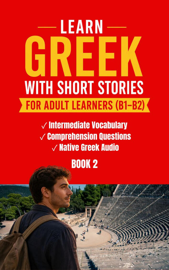 Cover of "Learn Greek with Short Stories – Intermediate (B1–B2), Book 2" for adult learners. The red cover features bold yellow and white text highlighting intermediate vocabulary, comprehension questions, and native Greek audio. At the bottom, a young man