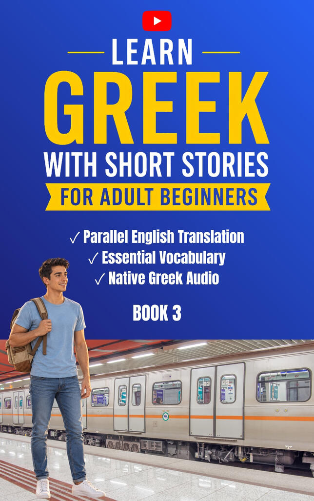 Learn Greek with Short Stories – Adult Beginners Book 3. Blue book cover featuring a young man with a backpack standing at a Greek metro station. Includes parallel English translation, essential vocabulary, and native Greek audio.