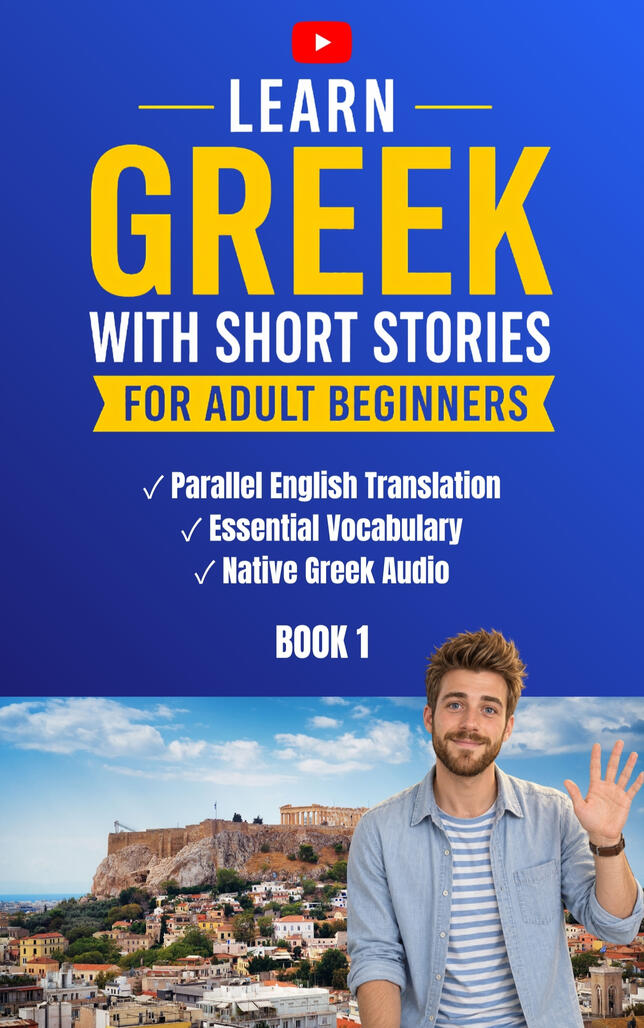 Learn Greek with Short Stories – Book 1 for adult beginners. Book 1 of Learn Greek with Short Stories for adult beginners, featuring a man in Athens.