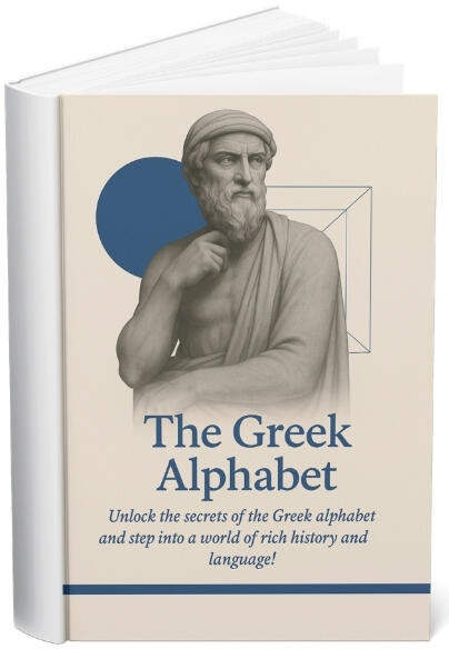 Cover of an educational ebook titled “The Greek Alphabet,” featuring a classical Greek statue and geometric design elements
