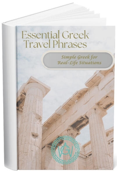 Cover of a free guide titled “Essential Greek Travel Phrases” with ancient Greek columns in the background