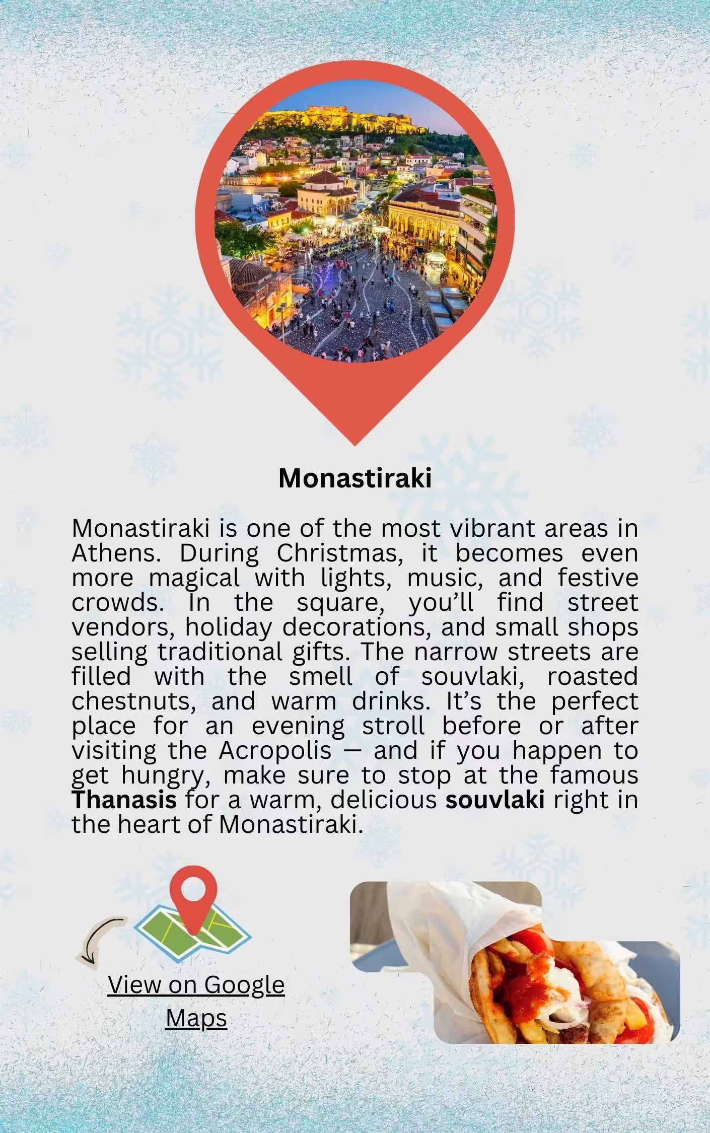 Monastiraki Square in Athens during Christmas with lights, markets, and a view of the Acropolis.