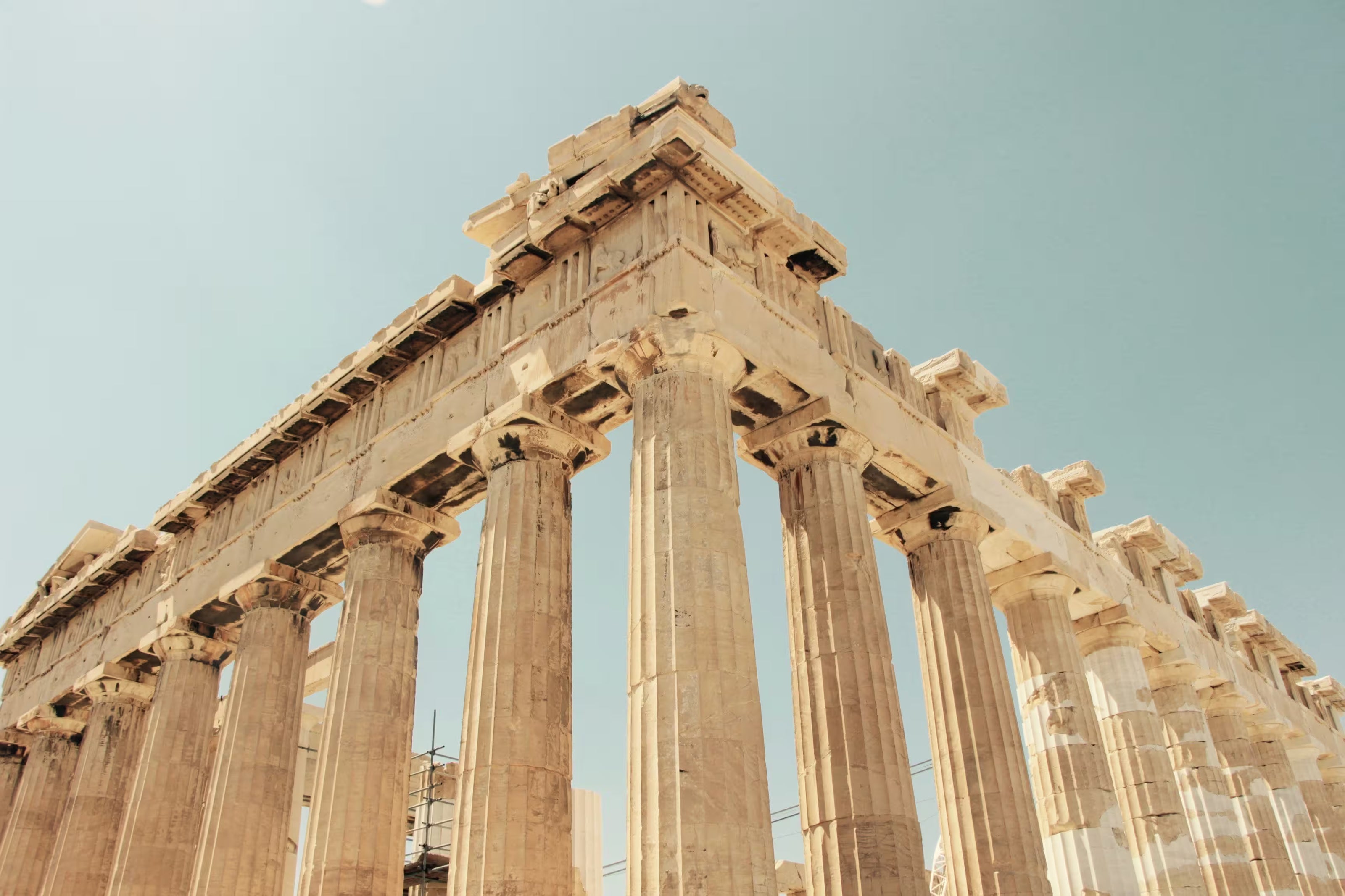 Close-up view of the Parthenon temple in Athens, Greece, under a clear sky