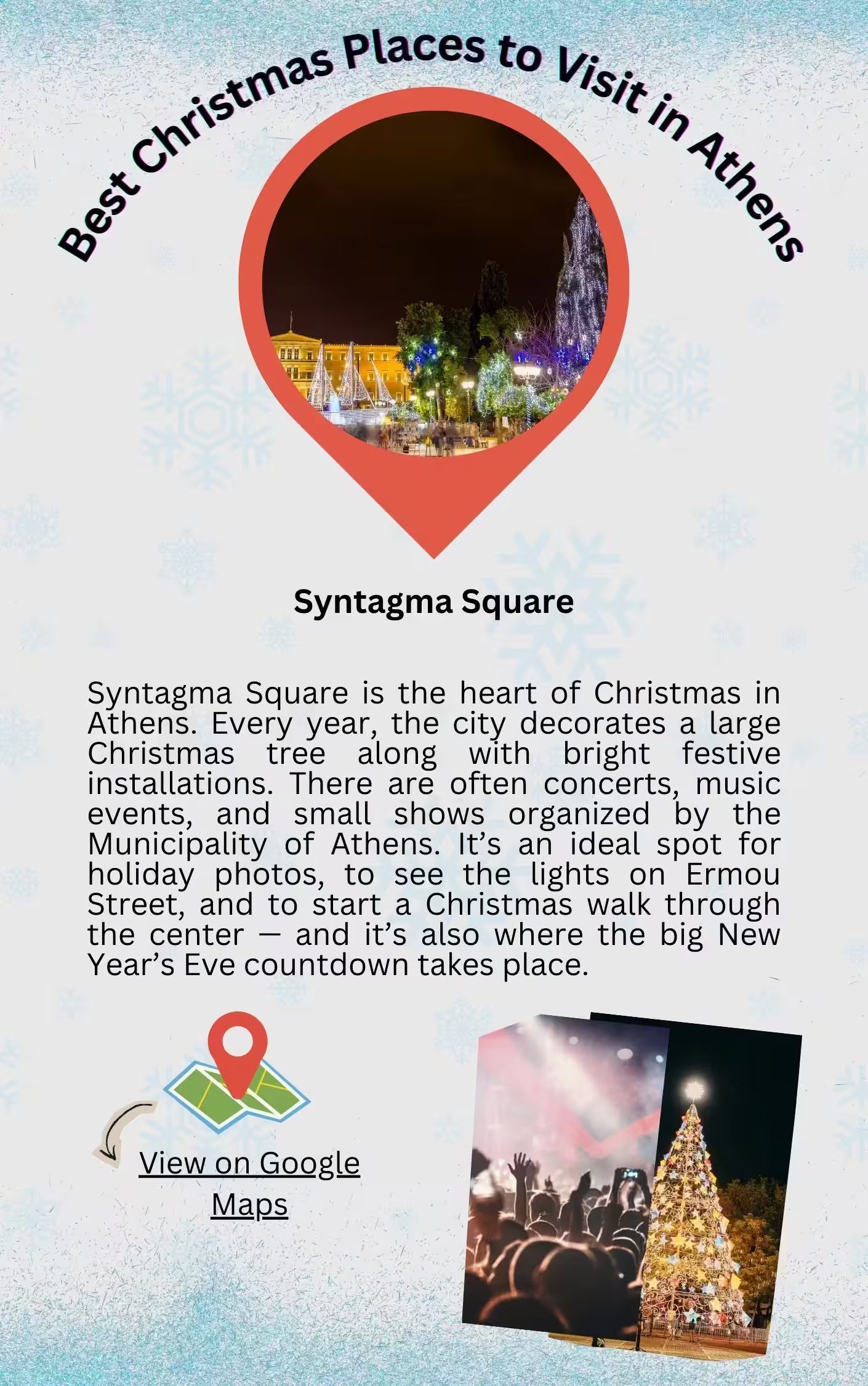 Syntagma Square in Athens at Christmas with a large decorated tree and festive lights.