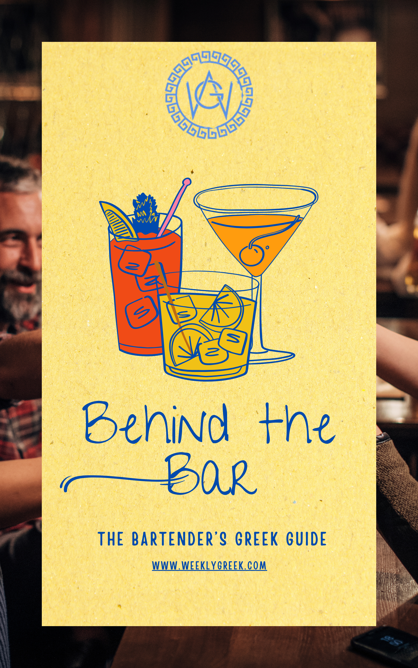 Weekly Greek eBook cover titled Behind the Bar, a Greek language guide about drinks, bartending, and customer service vocabulary