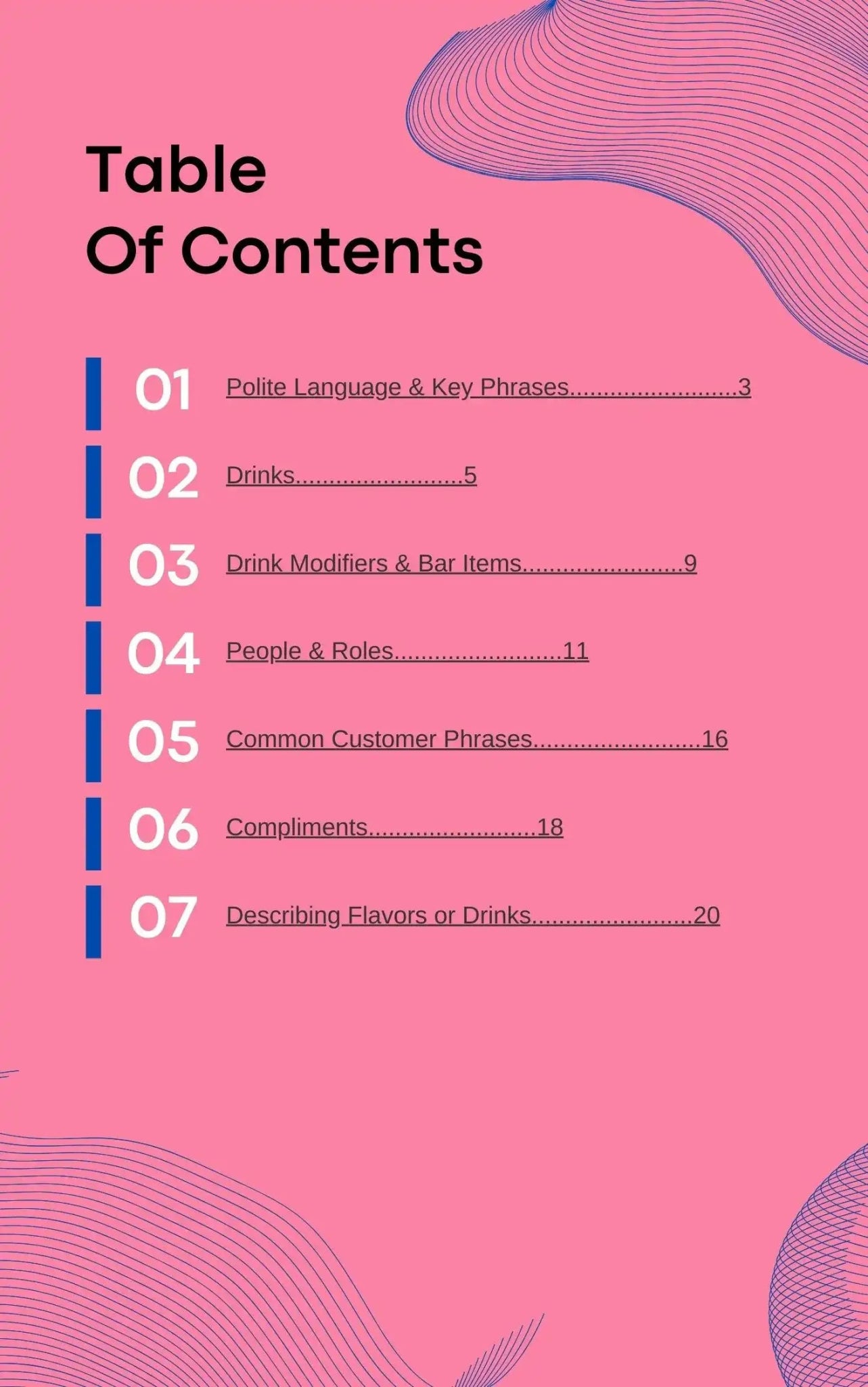 Table of contents page for a Greek language eBook for bartenders, listing polite phrases, drinks, bar items, customers, and descriptions. Pink background.