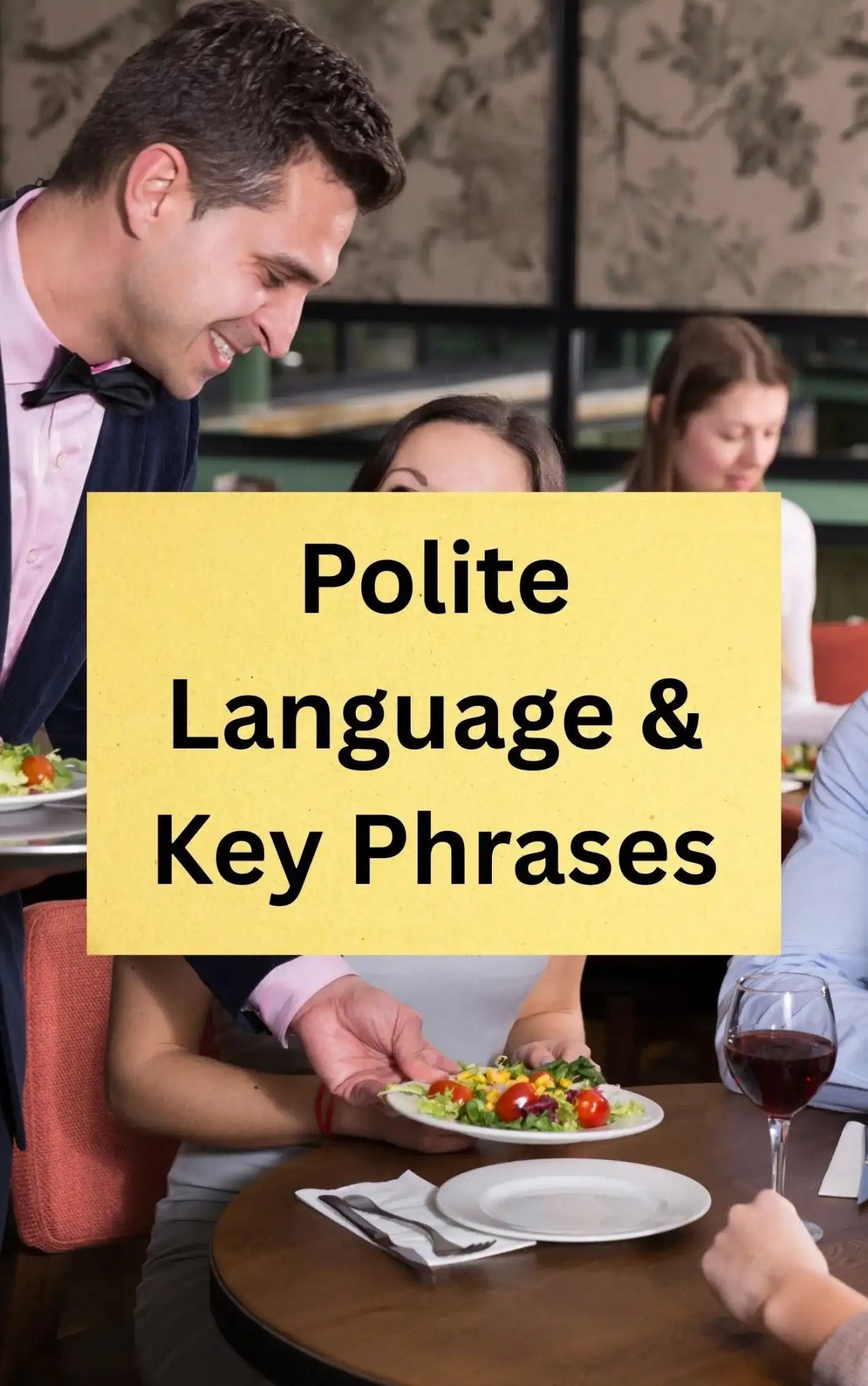 Cover page for the “Polite Language & Key Phrases” section of a bartender Greek eBook, showing a waiter serving food in a restaurant.