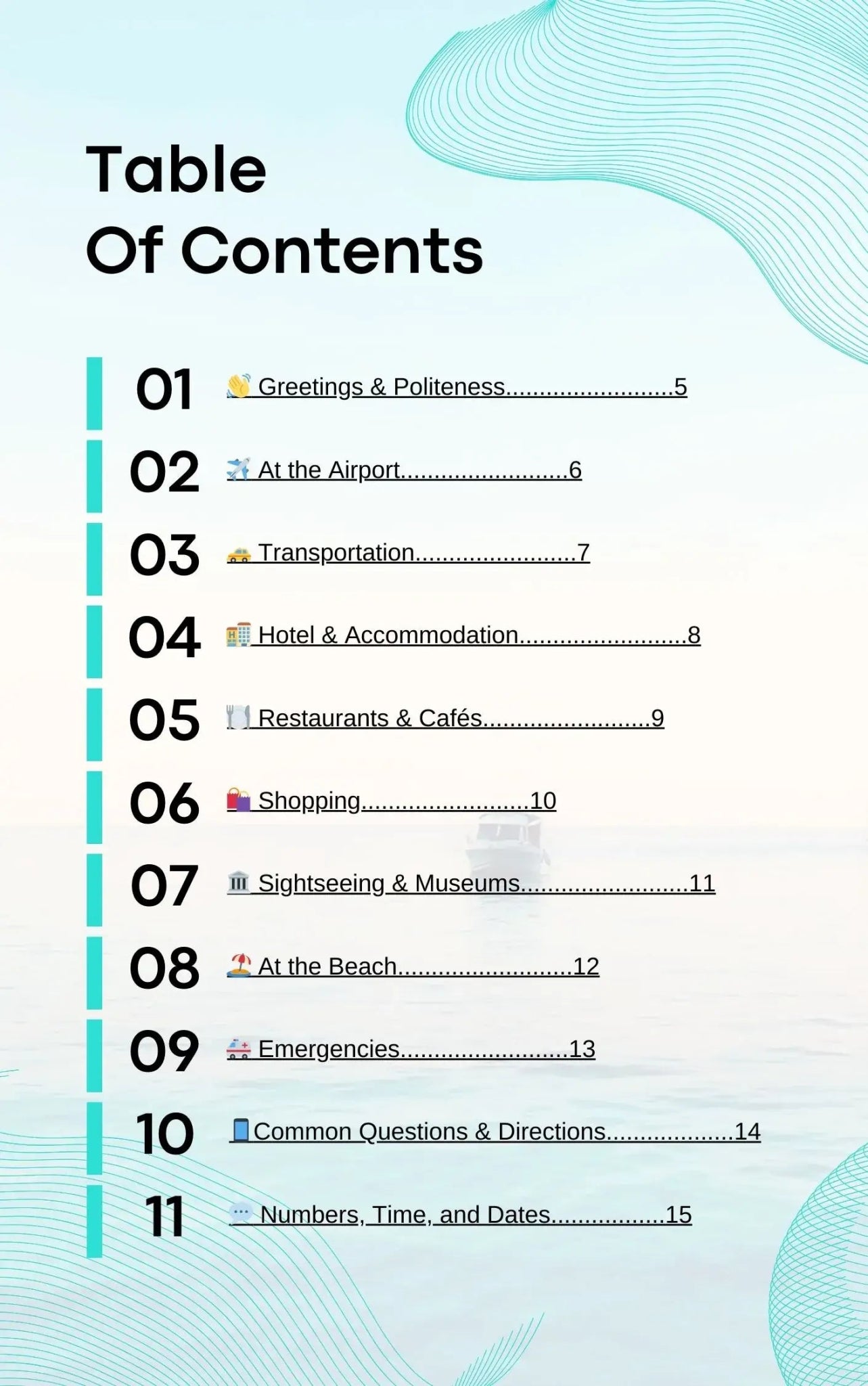 Table of contents page listing sections such as greetings, airport phrases, transportation, hotels, restaurants, shopping, sightseeing, emergencies, and directions.
