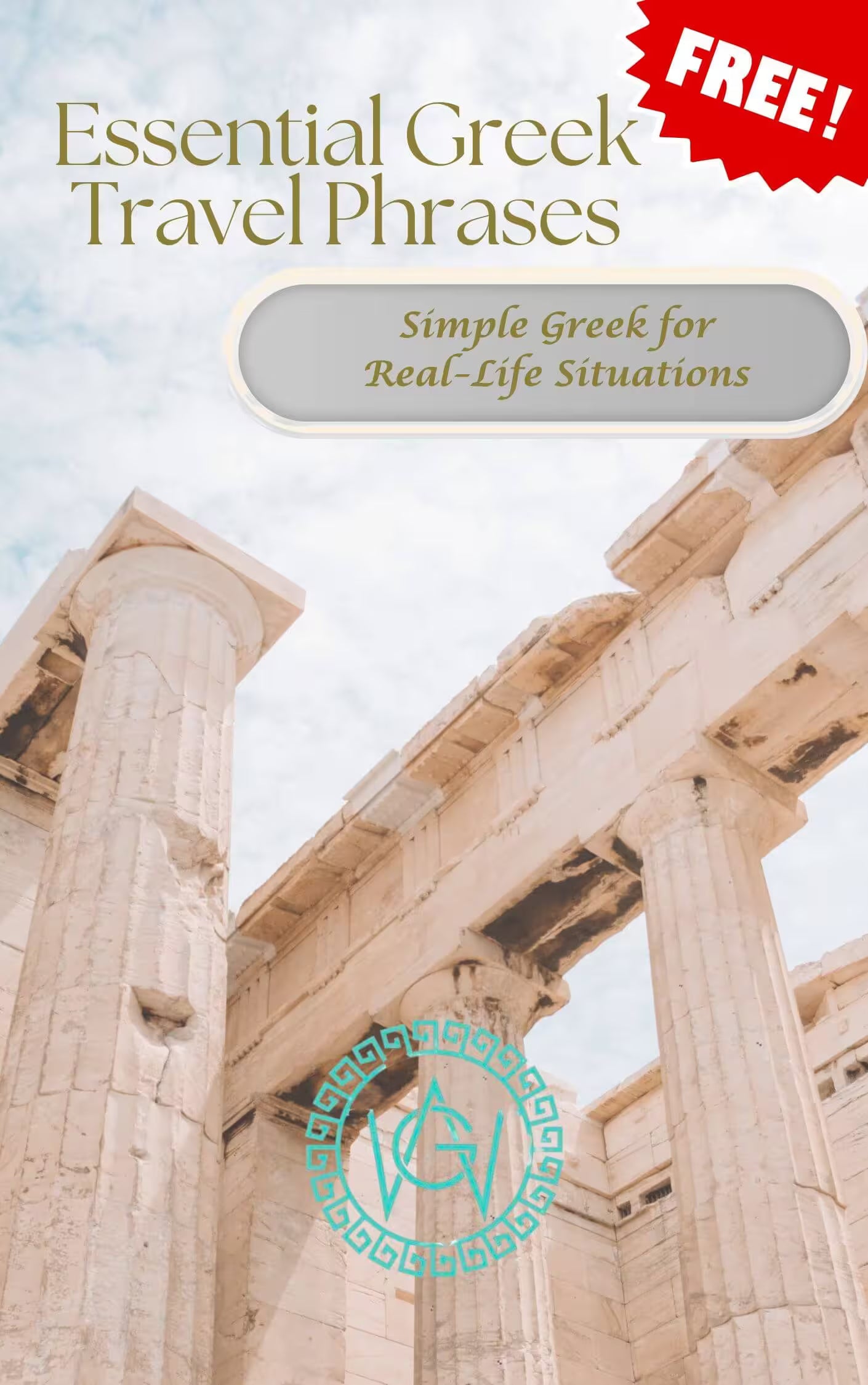 Cover of a free guide titled “Essential Greek Travel Phrases” with ancient Greek columns in the background