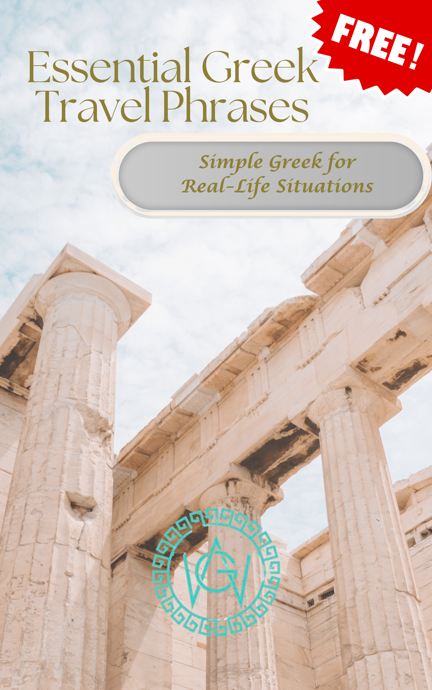 Cover of a free guide titled “Essential Greek Travel Phrases” with ancient Greek columns in the background