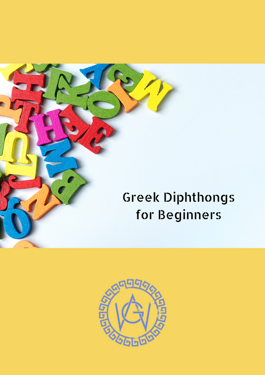 Weekly Greek eBook cover titled Greek Diphthongs for Beginners with colorful alphabet letters on a white background.