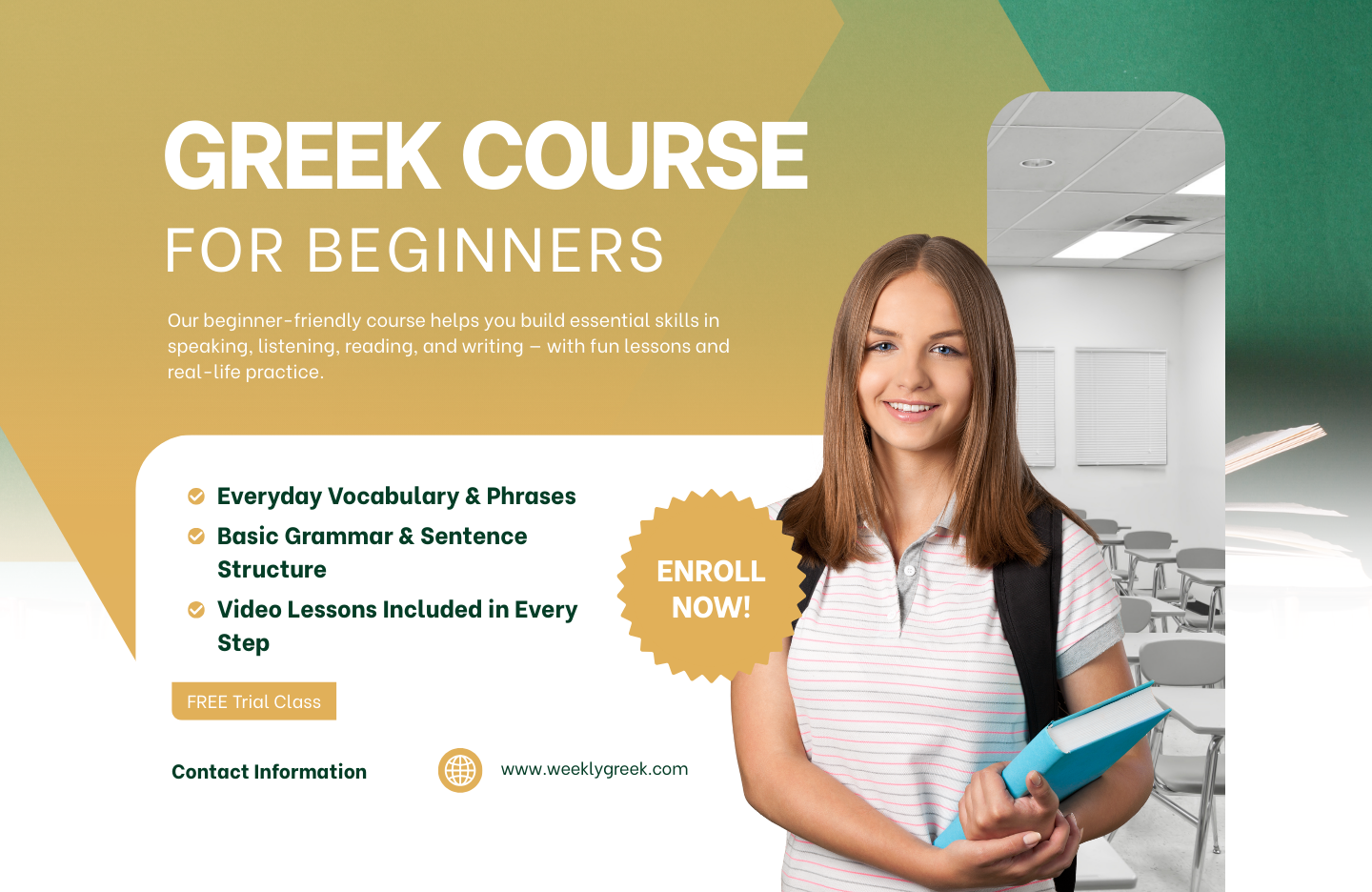 Woman promoting a beginner Greek course with vocabulary, grammar, and video lessons — Weekly Greek.