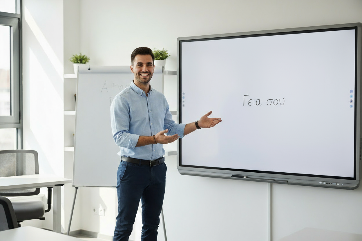 Teacher pointing at a digital board displaying the Greek phrase “Γεια σου” during a Greek language lesson