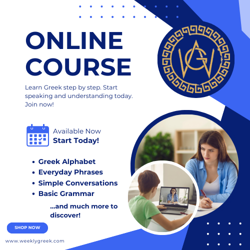 Weekly Greek online course poster promoting step-by-step lessons for learning the Greek alphabet, phrases, grammar, and conversations.