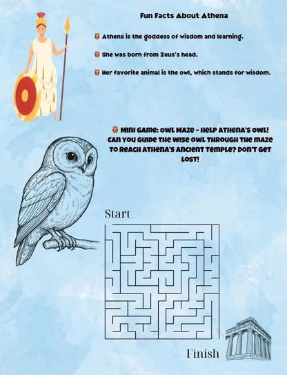 Weekly Greek activity page with fun facts about Athena, an owl illustration, and a maze game guiding the owl to her ancient temple.