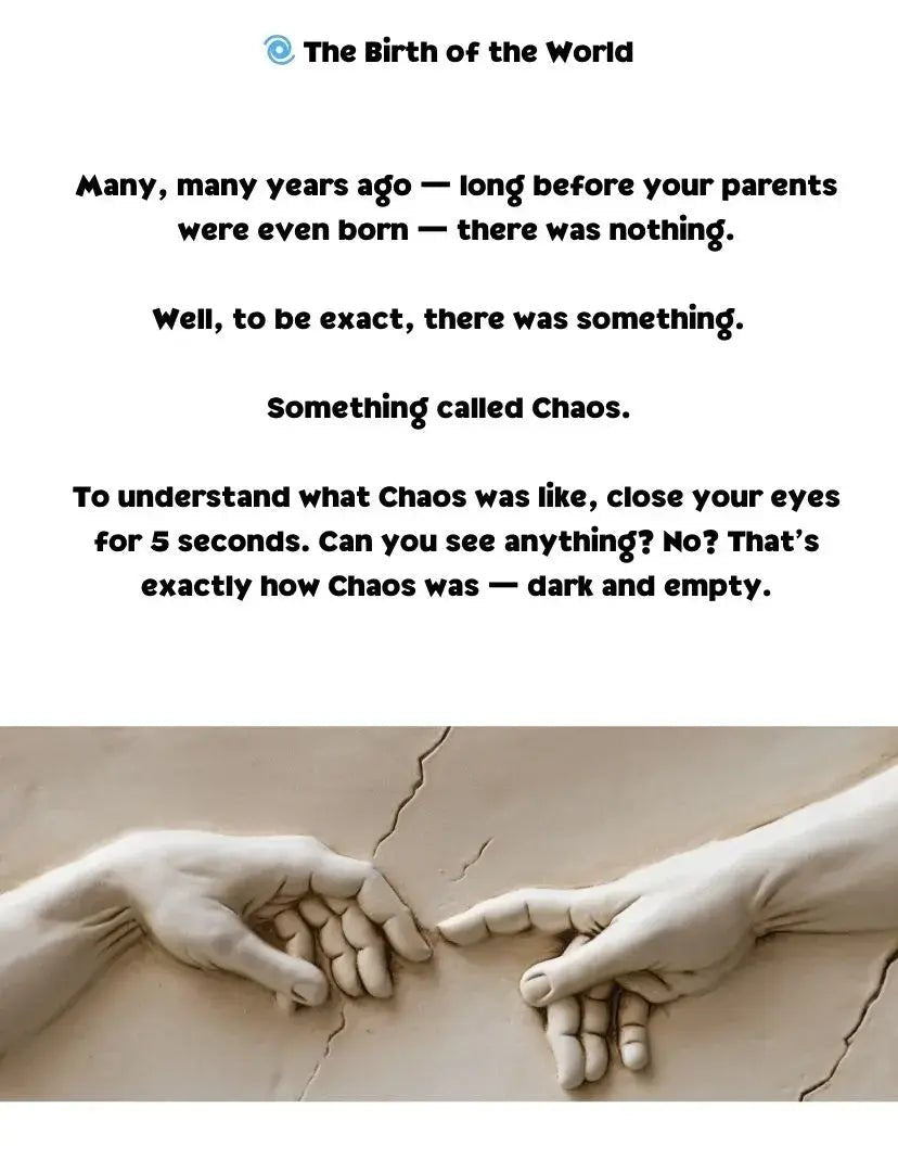 Weekly Greek mythology story page explaining Chaos and the beginning of the world, with an illustration of two hands reaching toward each other.