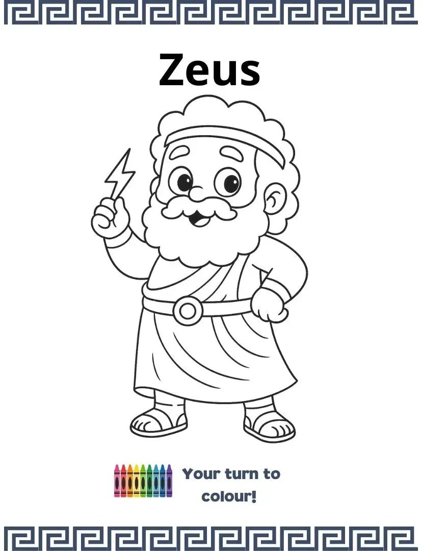 Black-and-white colouring page of Zeus holding a lightning bolt, from the Weekly Greek mythology activity book for children.