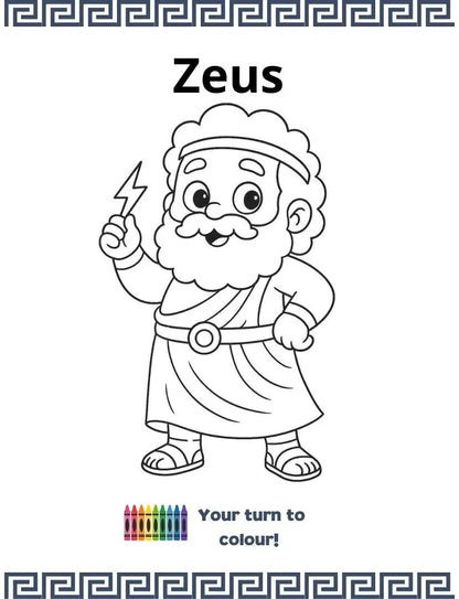 Black-and-white colouring page of Zeus holding a lightning bolt, from the Weekly Greek mythology activity book for children.