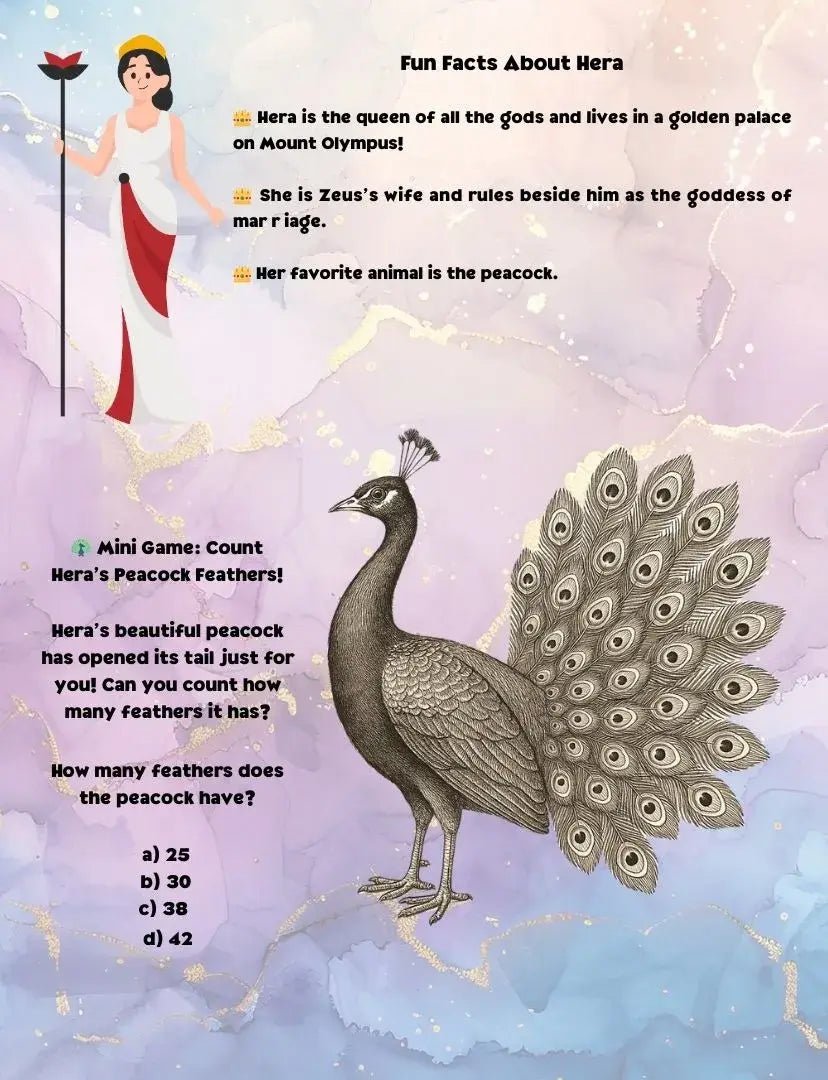 Children’s activity page about Hera with fun facts and a peacock feather counting mini game, from the Weekly Greek mythology book.