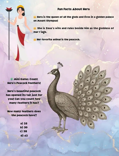 Children’s activity page about Hera with fun facts and a peacock feather counting mini game, from the Weekly Greek mythology book.