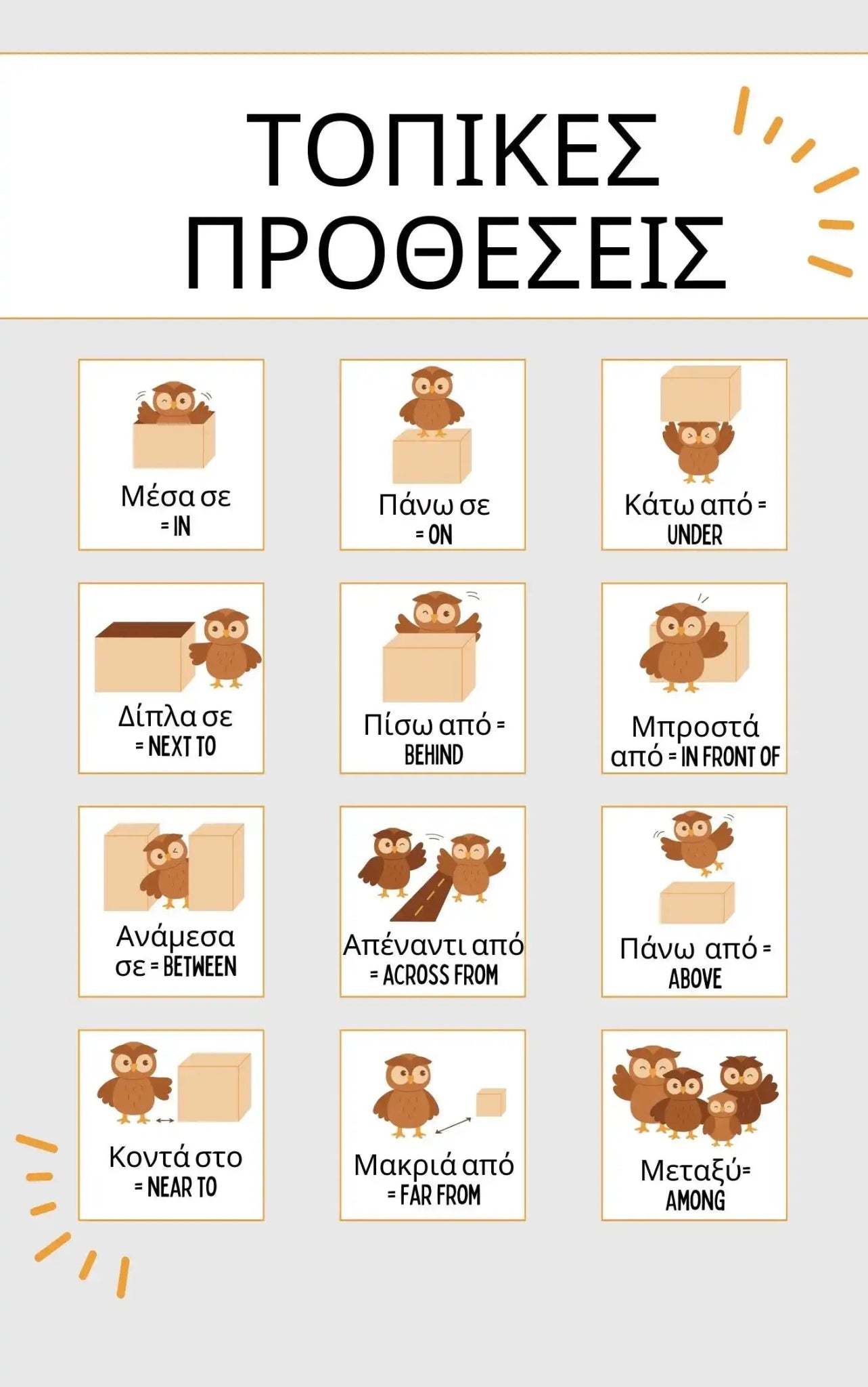 Chart of Greek local prepositions with cute owl illustrations showing in, on, under, behind, next to, between, across, above, near, far, and among.