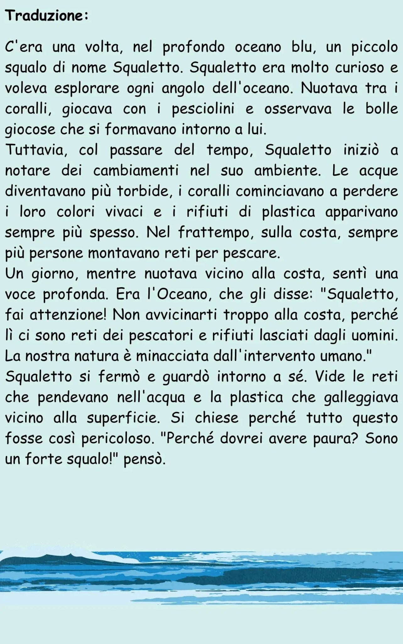 Weekly Greek children’s eco-story page with the Italian translation describing a baby shark exploring the ocean and noticing pollution and human impact.