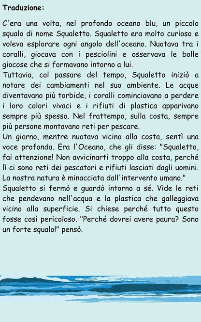 Weekly Greek children’s eco-story page with the Italian translation describing a baby shark exploring the ocean and noticing pollution and human impact.