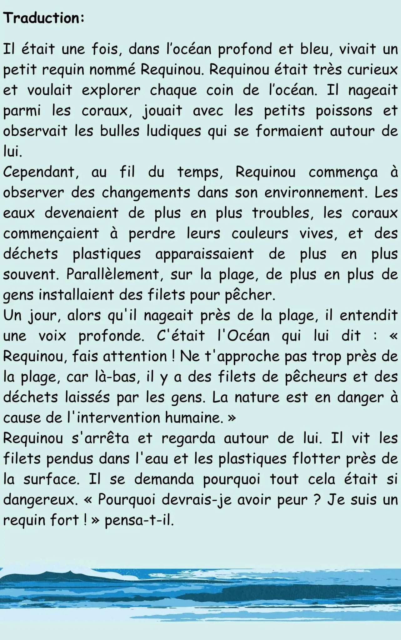 Page from the Weekly Greek eco-story showing the French translation about a little shark observing pollution, coral changes, and dangers in the ocean.