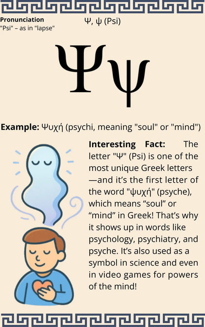 Page showing the Greek letter Psi with pronunciation, the example “Ψυχή,” and an illustration about the mind and psyche.